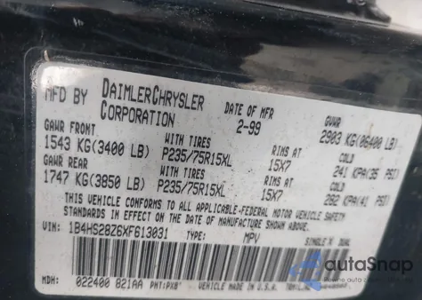 1999 Dodge Durango z USA, uszkodzony, nr VIN 1B4HS28Z6XF613031